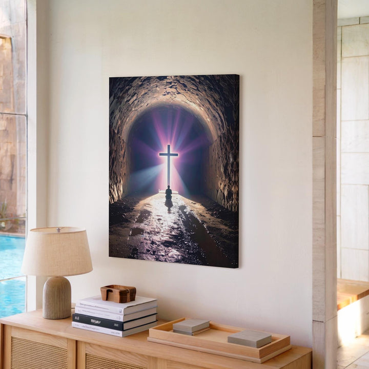 Glowing Cross Tunnel Canvas – Dramatic Christian Wall Art of Spiritual Journey and Divine Salvation - Gifitto