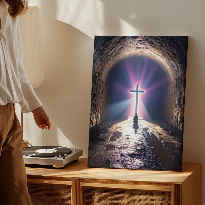 Glowing Cross Tunnel Canvas – Dramatic Christian Wall Art of Spiritual Journey and Divine Salvation - Gifitto