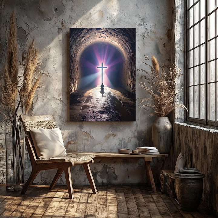Glowing Cross Tunnel Canvas – Dramatic Christian Wall Art of Spiritual Journey and Divine Salvation - Gifitto