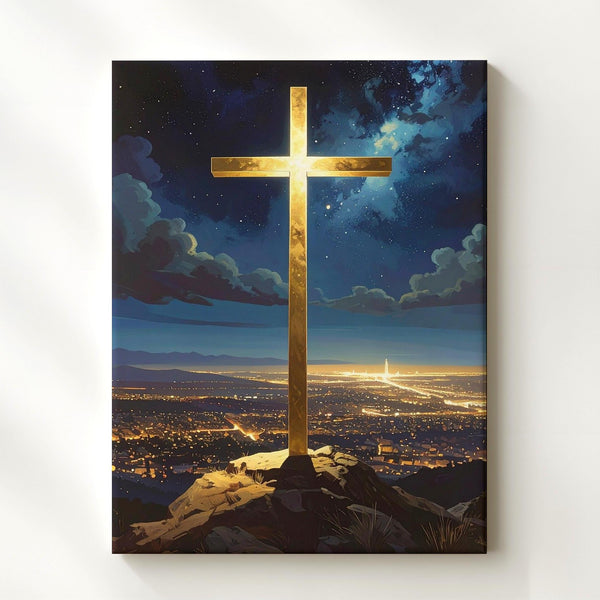 Glowing Golden Cross on Hill Canvas – Mystical Christian Wall Art of Divine Protection and Celestial Light - Gifitto