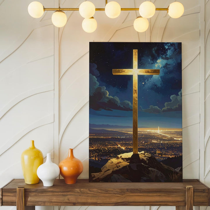 Glowing Golden Cross on Hill Canvas – Mystical Christian Wall Art of Divine Protection and Celestial Light - Gifitto