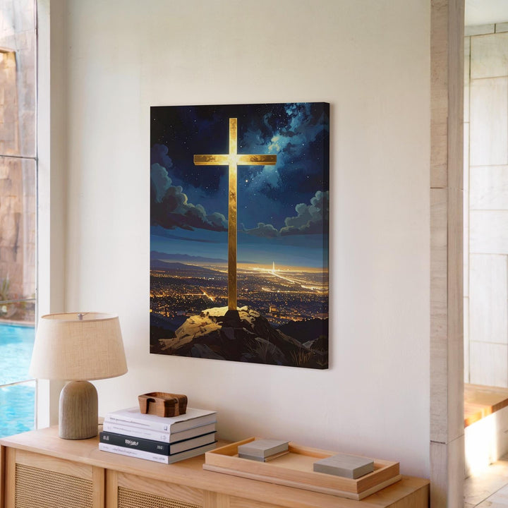 Glowing Golden Cross on Hill Canvas – Mystical Christian Wall Art of Divine Protection and Celestial Light - Gifitto