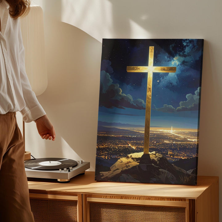 Glowing Golden Cross on Hill Canvas – Mystical Christian Wall Art of Divine Protection and Celestial Light - Gifitto