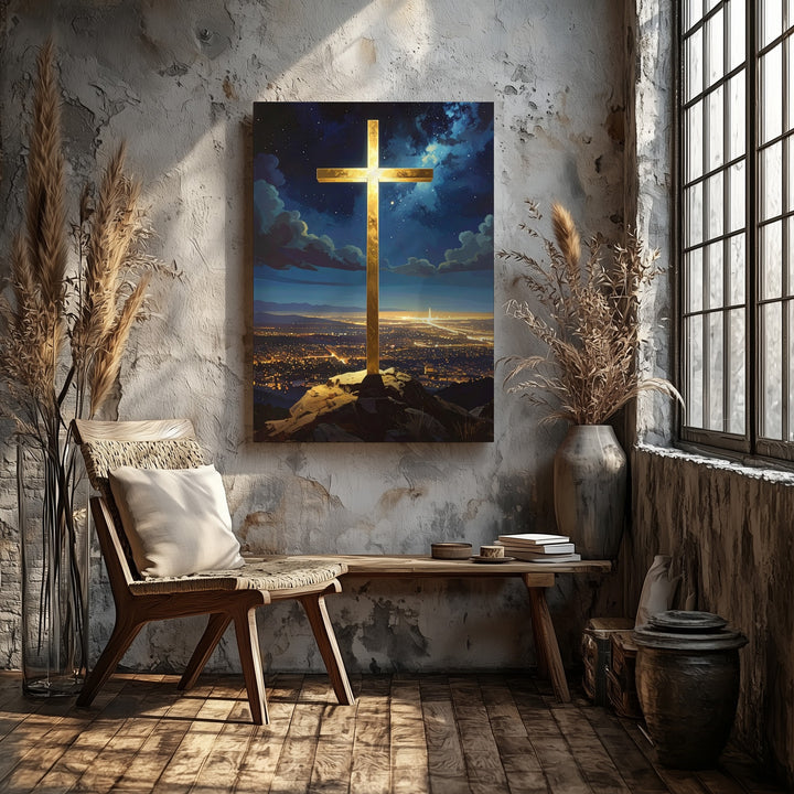 Glowing Golden Cross on Hill Canvas – Mystical Christian Wall Art of Divine Protection and Celestial Light - Gifitto
