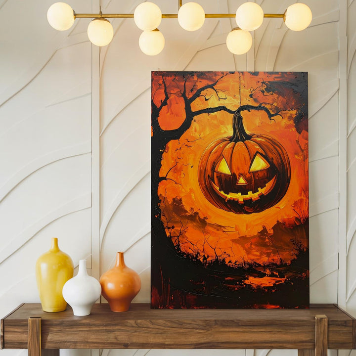 Floating Jack-O’-Lantern Canvas – Fiery Grunge Halloween Horror Art - Gifitto