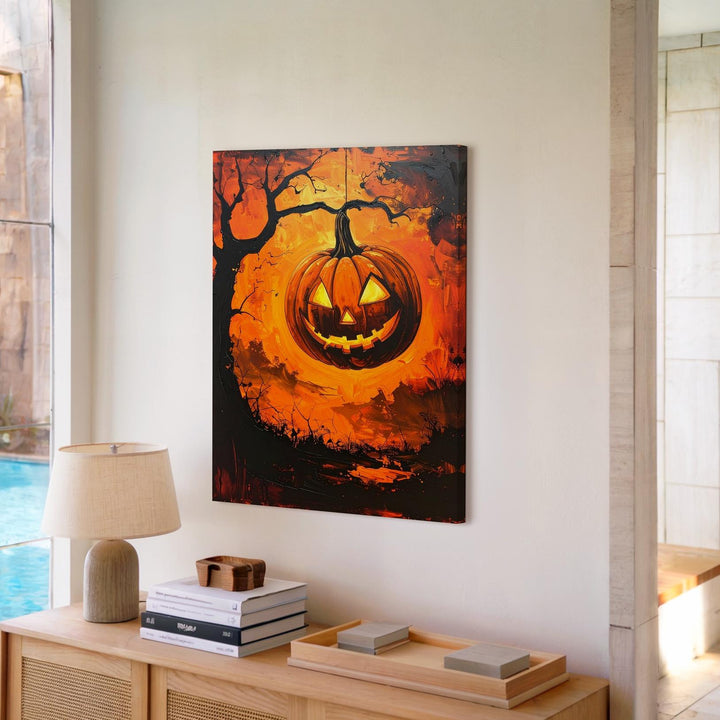 Floating Jack-O’-Lantern Canvas – Fiery Grunge Halloween Horror Art - Gifitto