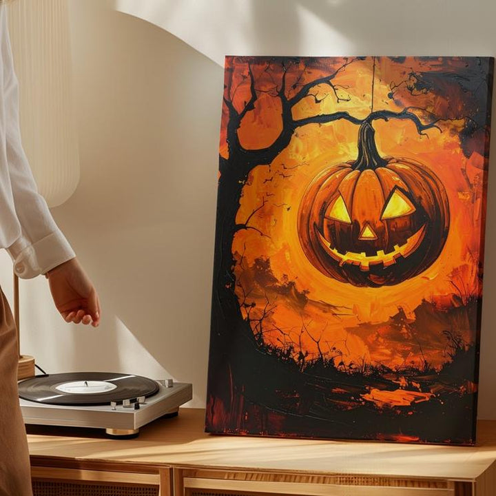 Floating Jack-O’-Lantern Canvas – Fiery Grunge Halloween Horror Art - Gifitto