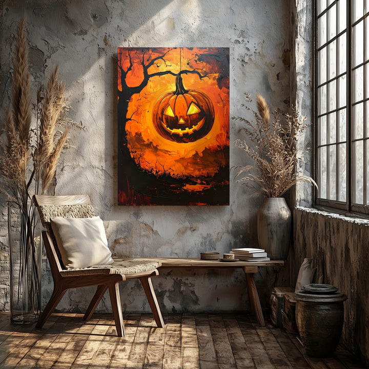Floating Jack-O’-Lantern Canvas – Fiery Grunge Halloween Horror Art - Gifitto