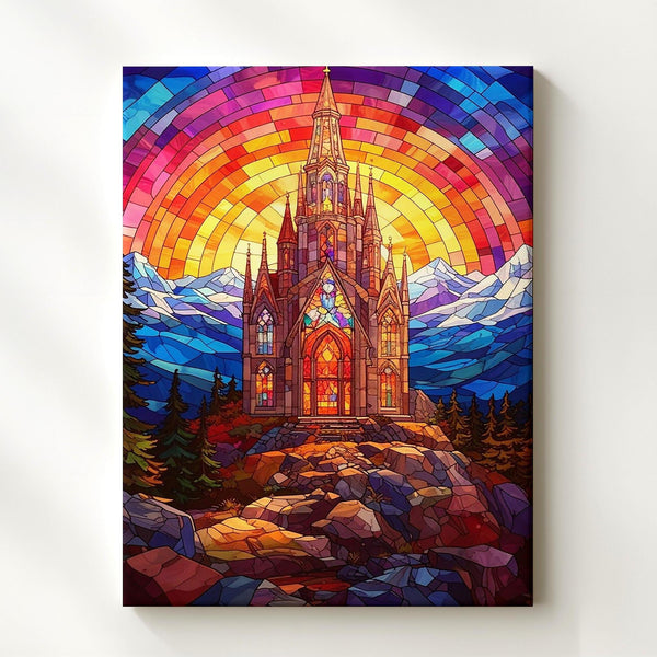 Stained Glass Church on Mountain Canvas – Vibrant Christian Wall Art of Majestic Divine Light - Gifitto
