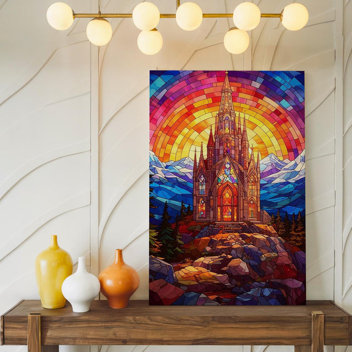 Stained Glass Church on Mountain Canvas – Vibrant Christian Wall Art of Majestic Divine Light - Gifitto