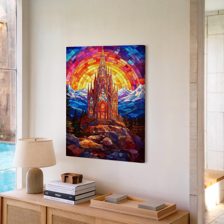Stained Glass Church on Mountain Canvas – Vibrant Christian Wall Art of Majestic Divine Light - Gifitto