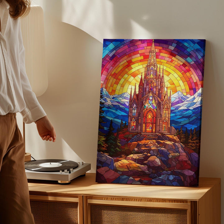 Stained Glass Church on Mountain Canvas – Vibrant Christian Wall Art of Majestic Divine Light - Gifitto