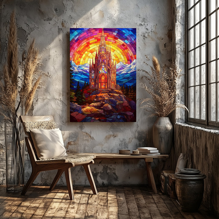 Stained Glass Church on Mountain Canvas – Vibrant Christian Wall Art of Majestic Divine Light - Gifitto