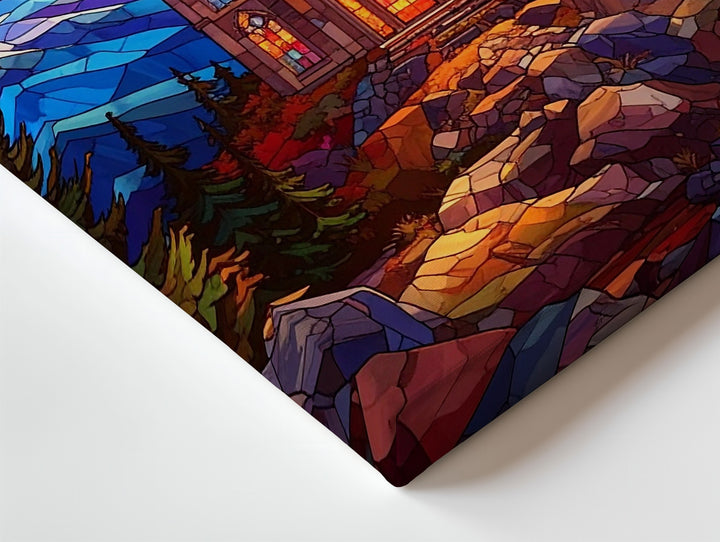 Stained Glass Church on Mountain Canvas – Vibrant Christian Wall Art of Majestic Divine Light - Gifitto