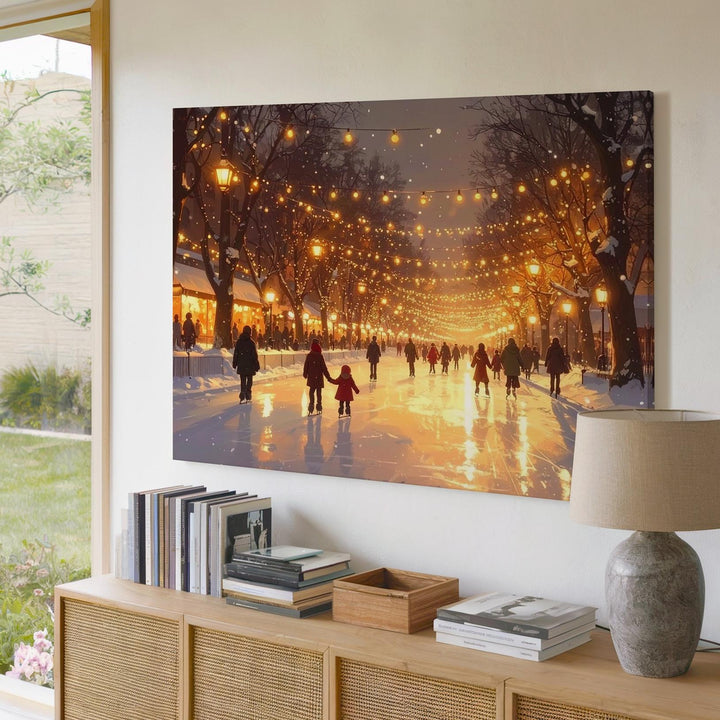 Glowing Winter Park Skating Canvas – Festive Evening Holiday Scene - Gifitto