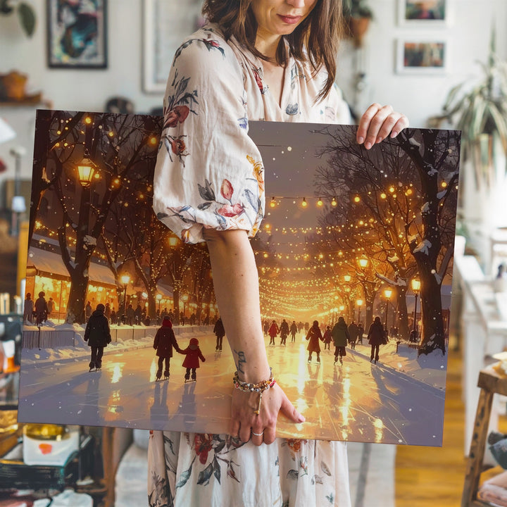 Glowing Winter Park Skating Canvas – Festive Evening Holiday Scene - Gifitto