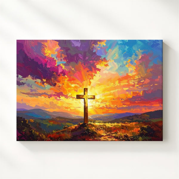 Radiant Golden Cross Canvas – Sunset Glory & Divine Triumph Wall Art - Gifitto