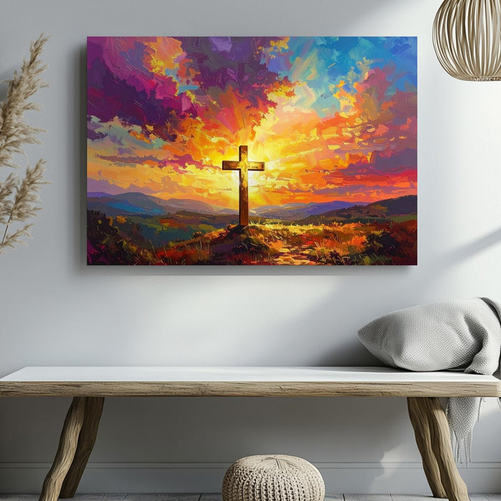 Radiant Golden Cross Canvas – Sunset Glory & Divine Triumph Wall Art - Gifitto