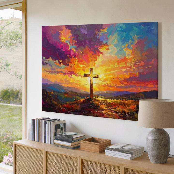 Radiant Golden Cross Canvas – Sunset Glory & Divine Triumph Wall Art - Gifitto