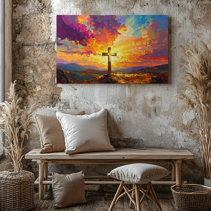 Radiant Golden Cross Canvas – Sunset Glory & Divine Triumph Wall Art - Gifitto