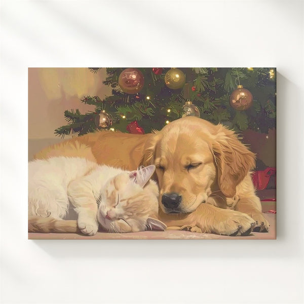 Sleeping Puppy & Kitten Christmas Canvas – Cozy Holiday Tree Scene - Gifitto