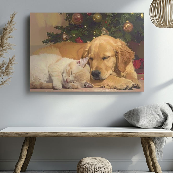 Sleeping Puppy & Kitten Christmas Canvas – Cozy Holiday Tree Scene - Gifitto