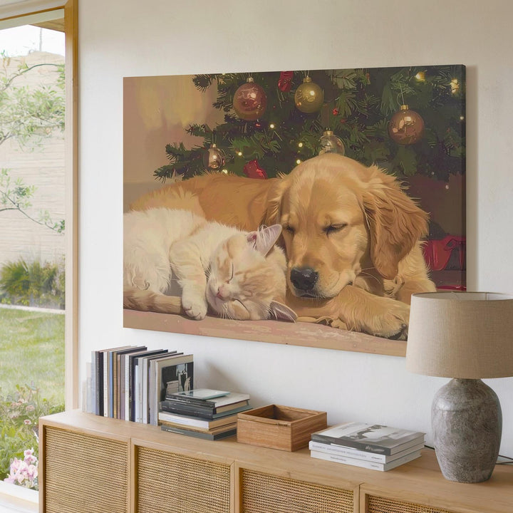 Sleeping Puppy & Kitten Christmas Canvas – Cozy Holiday Tree Scene - Gifitto