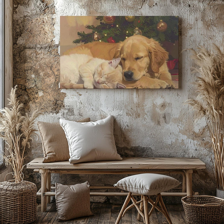 Sleeping Puppy & Kitten Christmas Canvas – Cozy Holiday Tree Scene - Gifitto