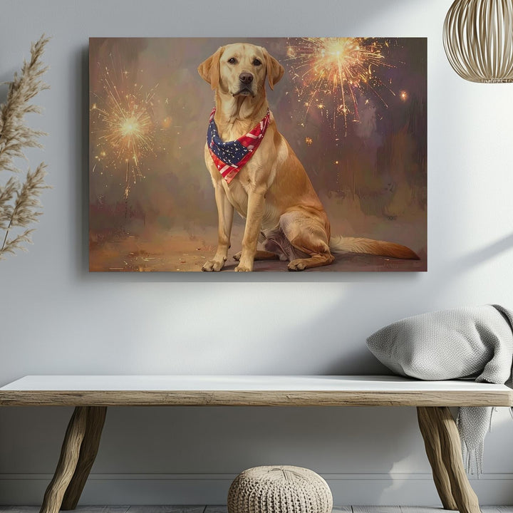 Patriotic Golden Retriever Canvas – 4th of July Fireworks Pet Portrait Wall Art - Gifitto