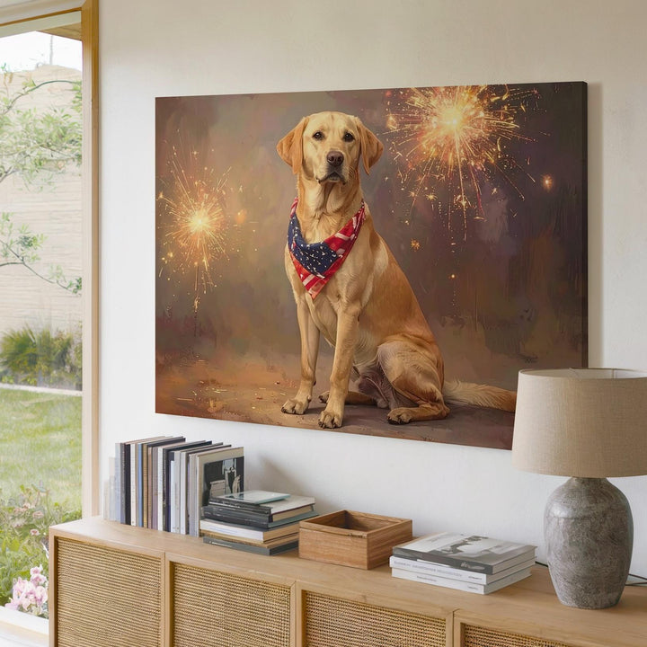 Patriotic Golden Retriever Canvas – 4th of July Fireworks Pet Portrait Wall Art - Gifitto
