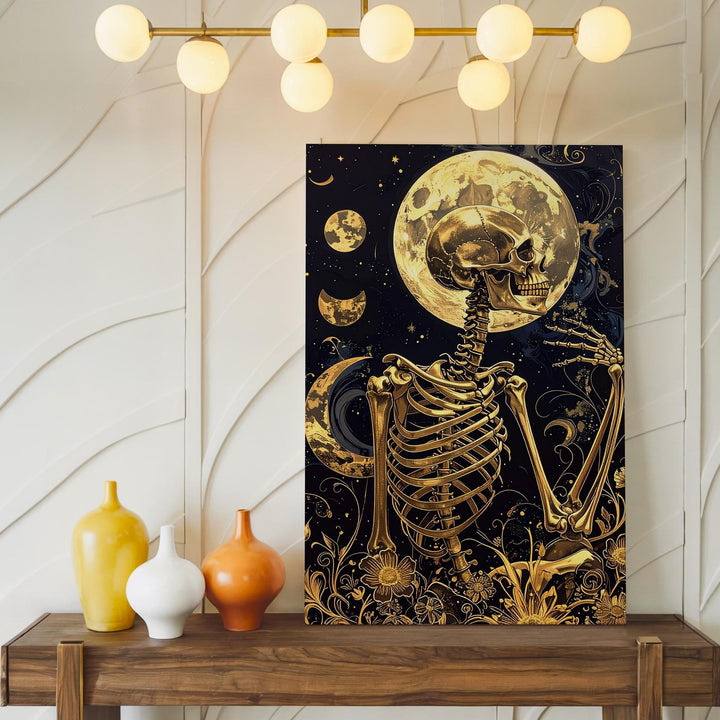 Golden Skeleton Under Celestial Sky – Baroque-Inspired Gothic Canvas Art - Gifitto