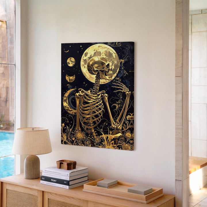 Golden Skeleton Under Celestial Sky – Baroque-Inspired Gothic Canvas Art - Gifitto