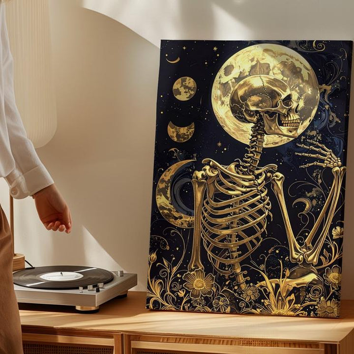 Golden Skeleton Under Celestial Sky – Baroque-Inspired Gothic Canvas Art - Gifitto