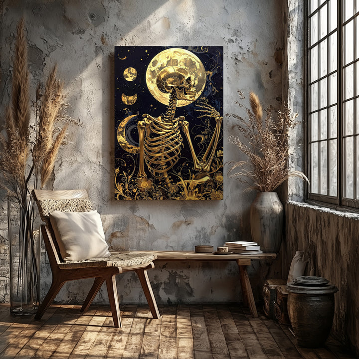 Golden Skeleton Under Celestial Sky – Baroque-Inspired Gothic Canvas Art - Gifitto