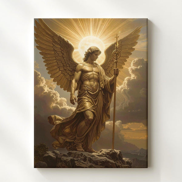 Radiant Angel on Rock Canvas – Golden Christian Wall Art of Spiritual Authority and Divine Guidance - Gifitto
