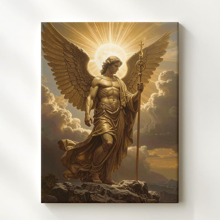 Radiant Angel on Rock Canvas – Golden Christian Wall Art of Spiritual Authority and Divine Guidance - Gifitto