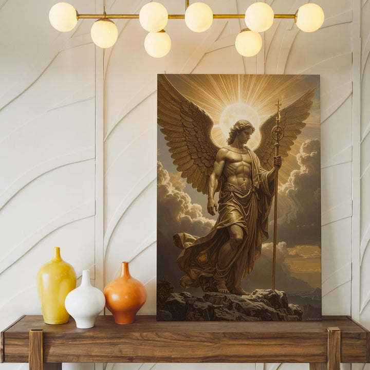 Radiant Angel on Rock Canvas – Golden Christian Wall Art of Spiritual Authority and Divine Guidance - Gifitto