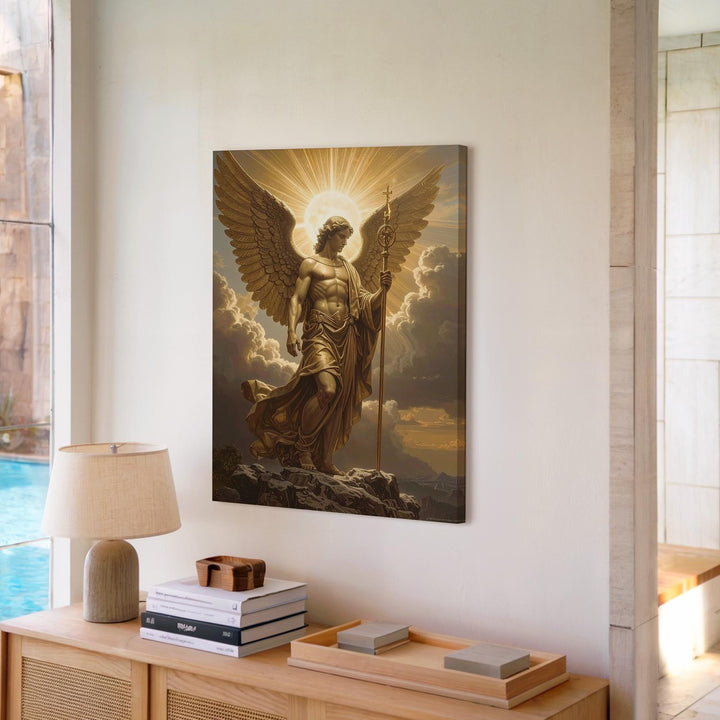 Radiant Angel on Rock Canvas – Golden Christian Wall Art of Spiritual Authority and Divine Guidance - Gifitto
