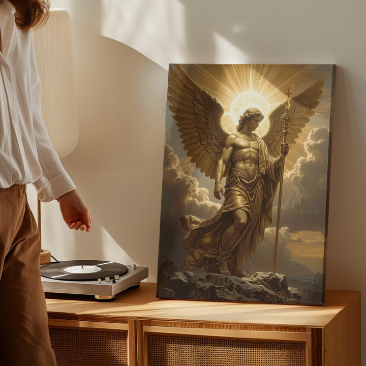 Radiant Angel on Rock Canvas – Golden Christian Wall Art of Spiritual Authority and Divine Guidance - Gifitto