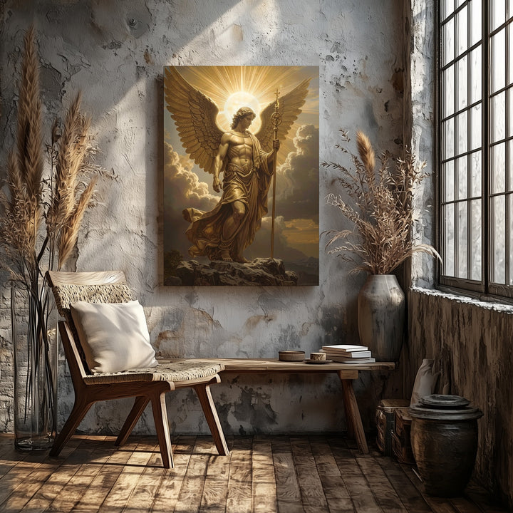 Radiant Angel on Rock Canvas – Golden Christian Wall Art of Spiritual Authority and Divine Guidance - Gifitto