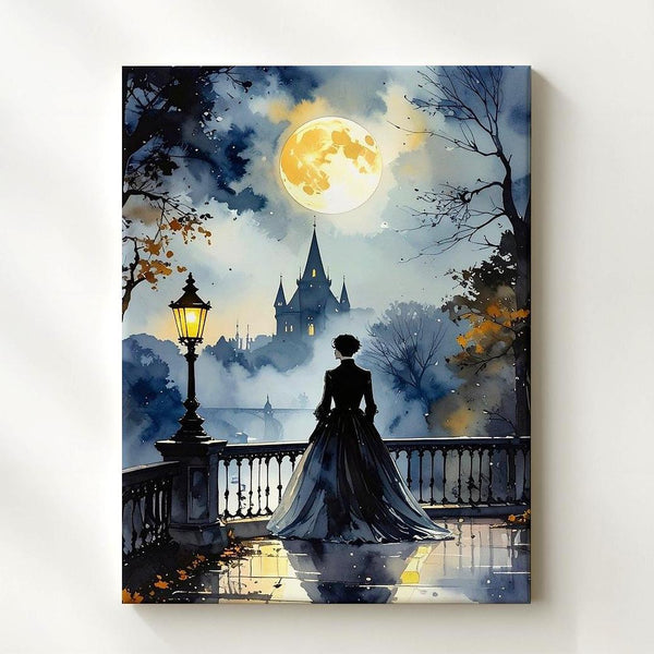Gothic Moonlit Bridge Canvas – Romantic Halloween Silhouette & Castle Scene - Gifitto