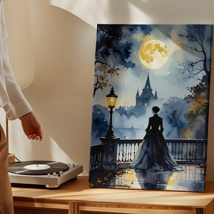 Gothic Moonlit Bridge Canvas – Romantic Halloween Silhouette & Castle Scene - Gifitto