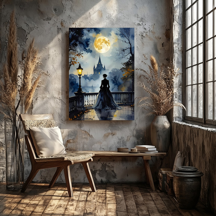 Gothic Moonlit Bridge Canvas – Romantic Halloween Silhouette & Castle Scene - Gifitto