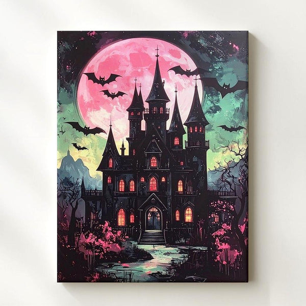 Haunted Gothic Castle Canvas – Pink Moon & Green Sky Halloween Art - Gifitto