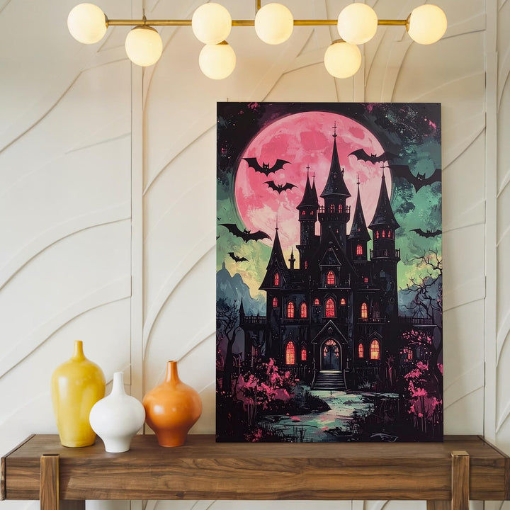 Haunted Gothic Castle Canvas – Pink Moon & Green Sky Halloween Art - Gifitto