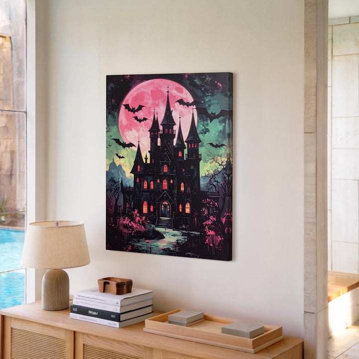 Haunted Gothic Castle Canvas – Pink Moon & Green Sky Halloween Art - Gifitto