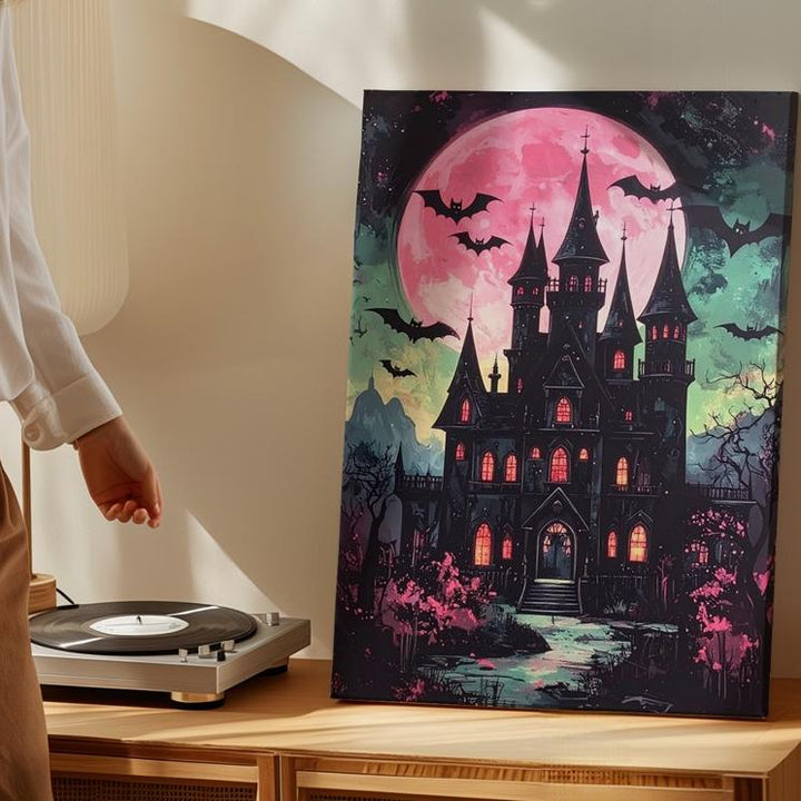 Haunted Gothic Castle Canvas – Pink Moon & Green Sky Halloween Art - Gifitto