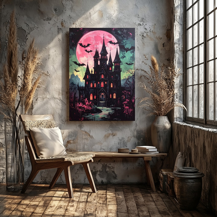 Haunted Gothic Castle Canvas – Pink Moon & Green Sky Halloween Art - Gifitto