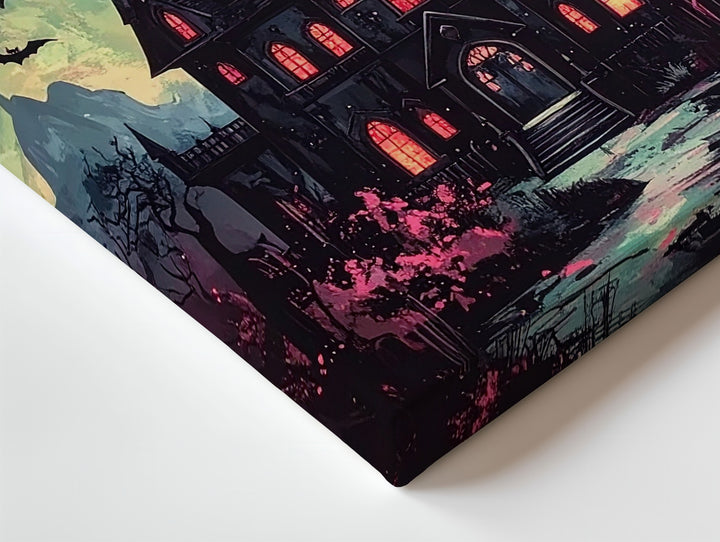 Haunted Gothic Castle Canvas – Pink Moon & Green Sky Halloween Art - Gifitto