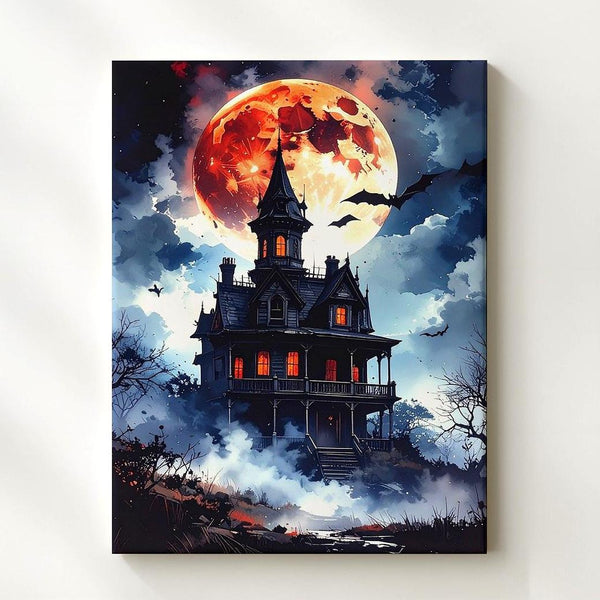 Blood Moon Mansion Canvas – Gothic Haunted House Halloween Wall Art - Gifitto